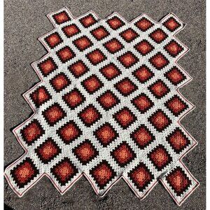 Vintage Granny Square Afghan Crochet Throw Blanket 75” X 70” Orange Brown